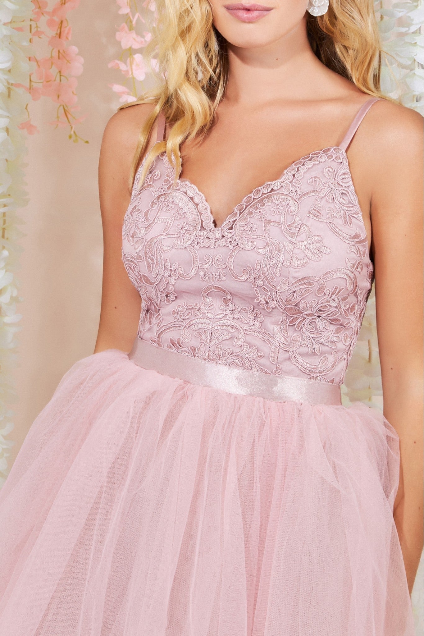 High Low Tulle Mini With Lace Bodice - Blush DR3061