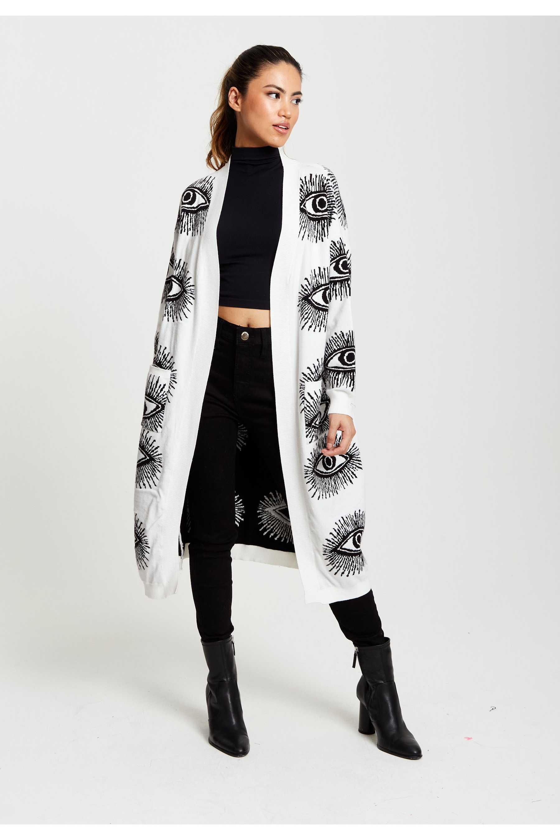 Eye Pattern Longline Cardigan In White A5-127-LIQ23KN002