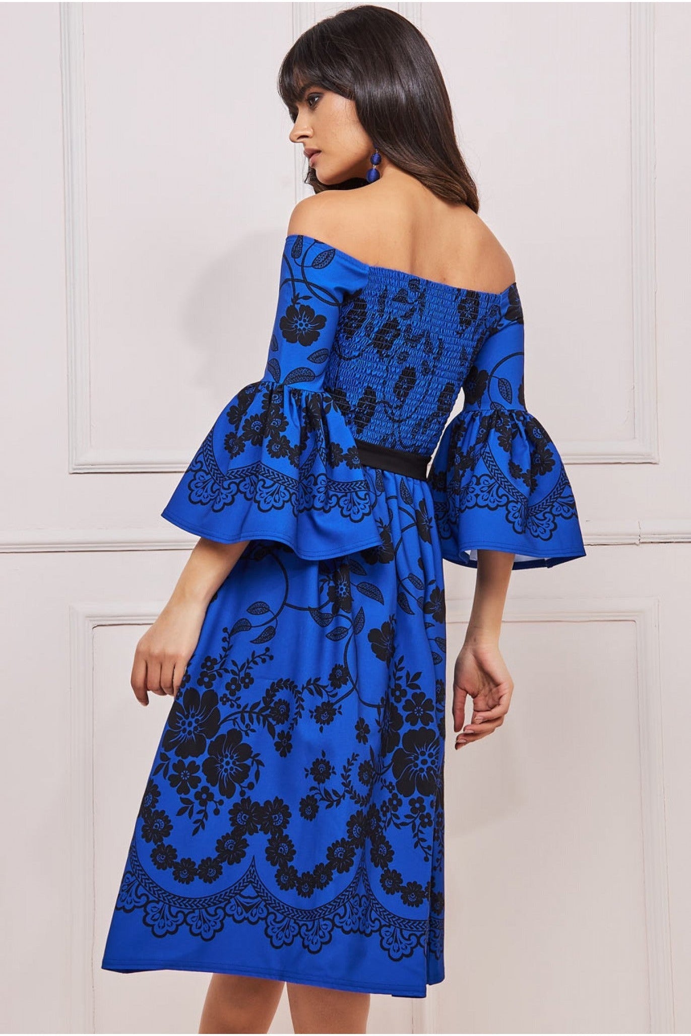 Printed Off The Shoulder Midi Dress - Royalblue DR3467