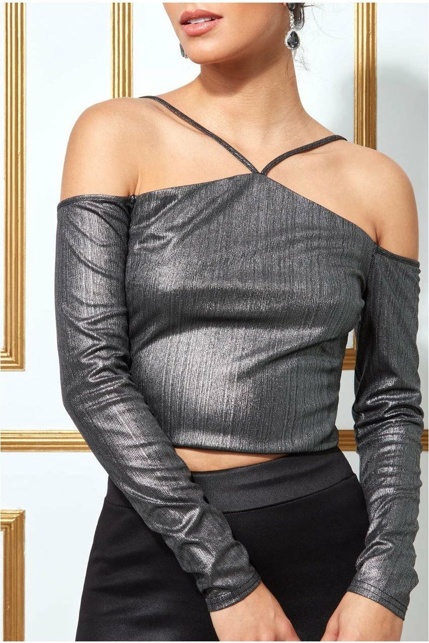 Metallic Cut Out Crop Top - Dullsilver T157