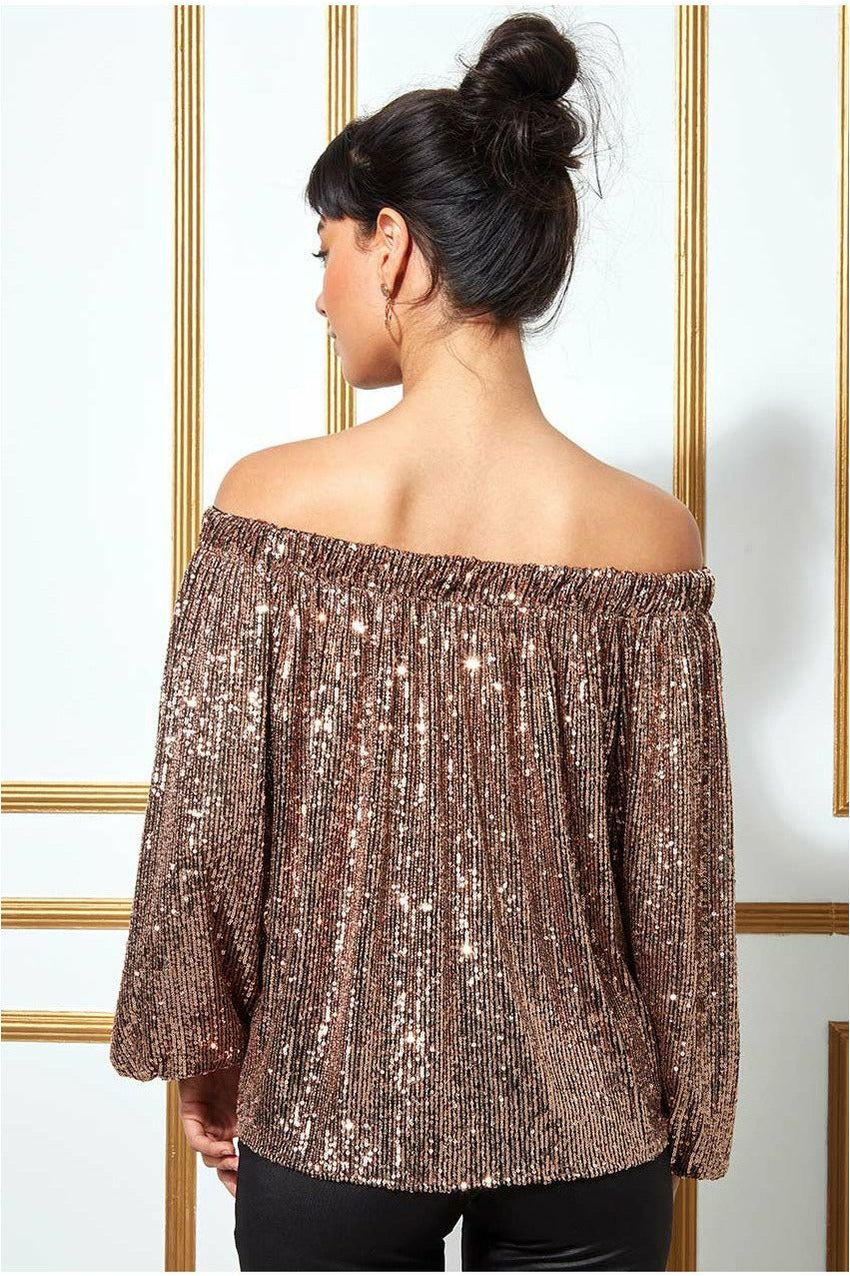 Bardot Sequin Crop Top With Cuffed Sleeves-champagne T158