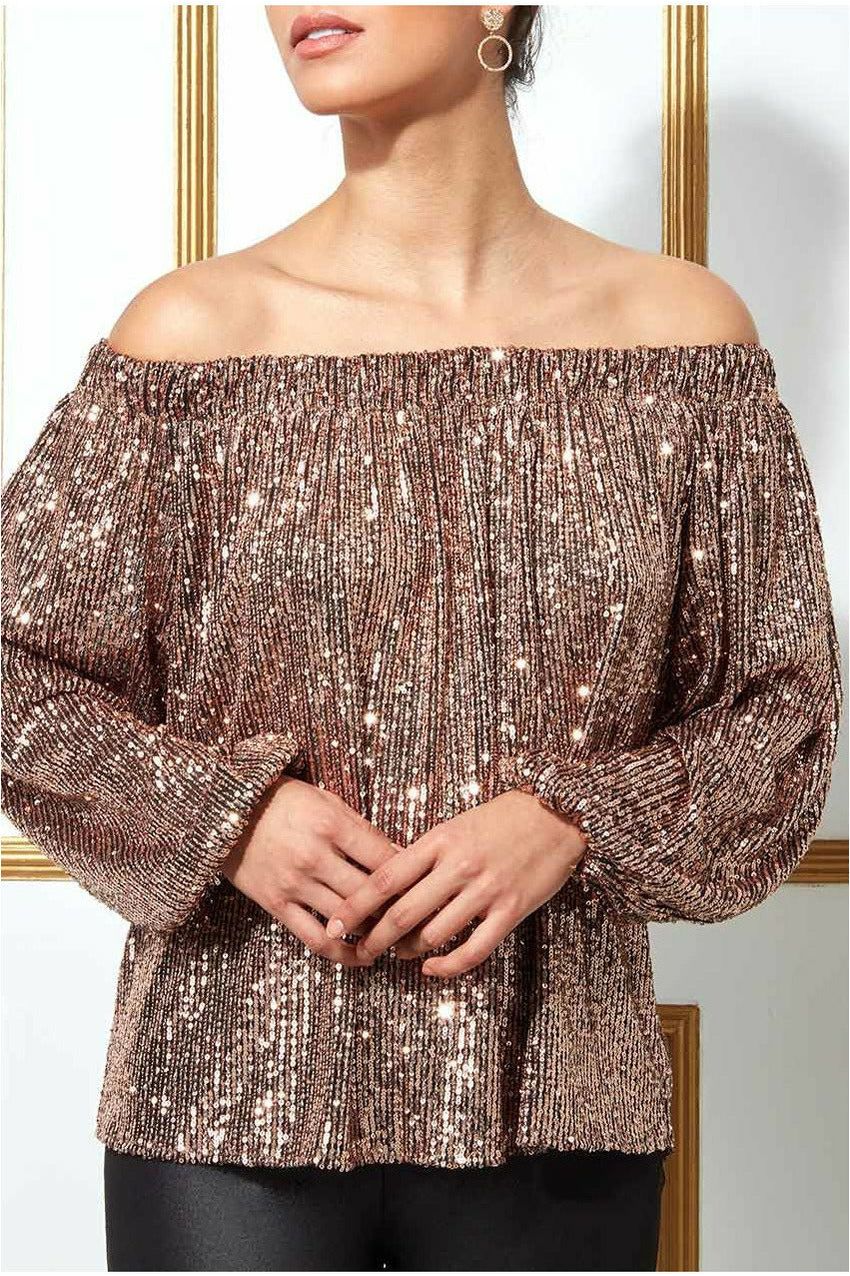 Bardot Sequin Crop Top With Cuffed Sleeves-champagne T158