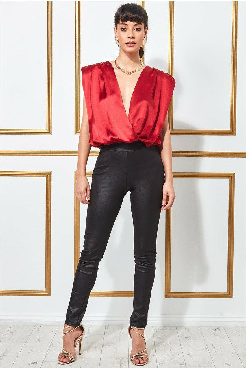Satin Wrap Style Top With Shoulder Pads - Red T165