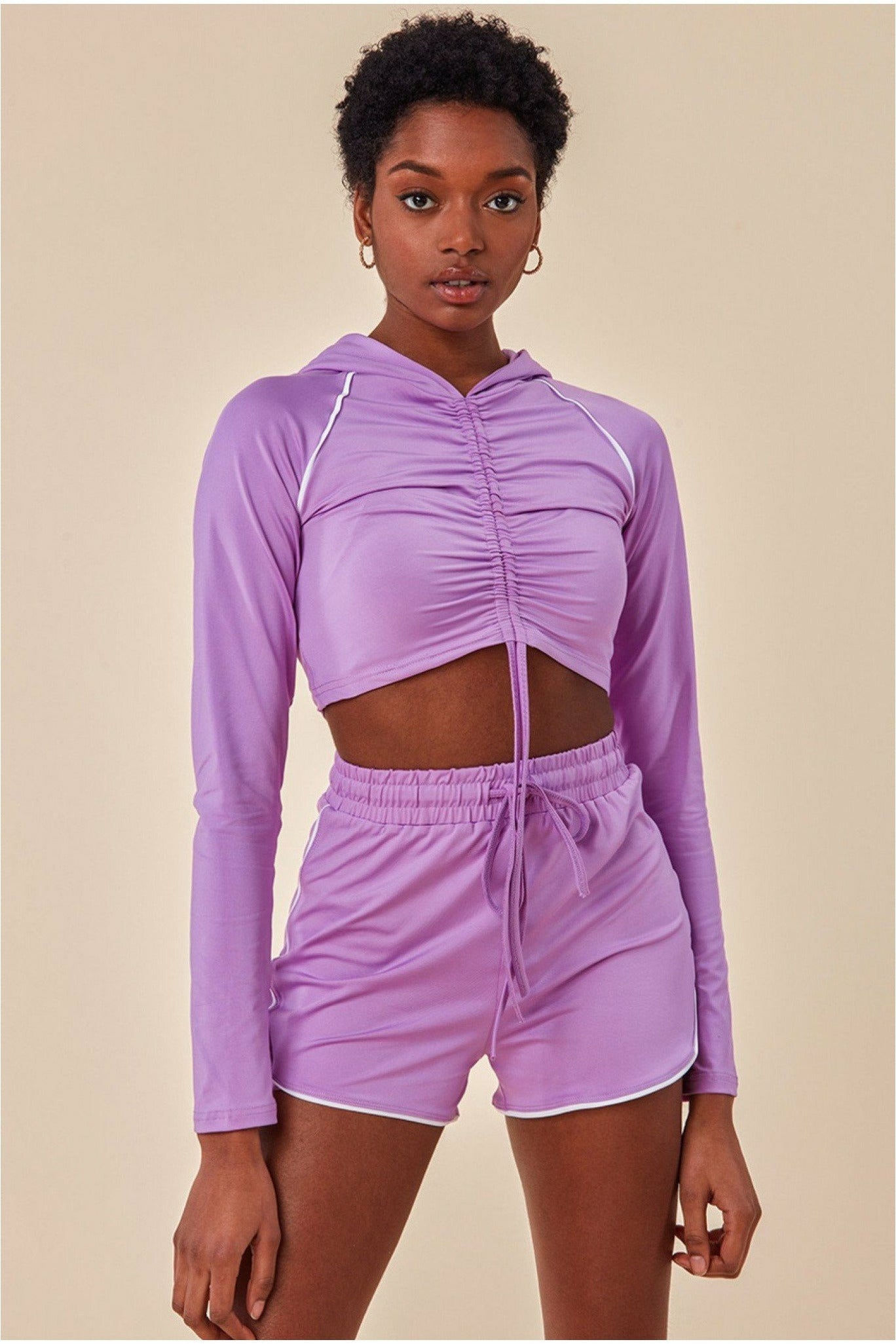 Jersey Short Set With Drawstring Top - Purple TS1