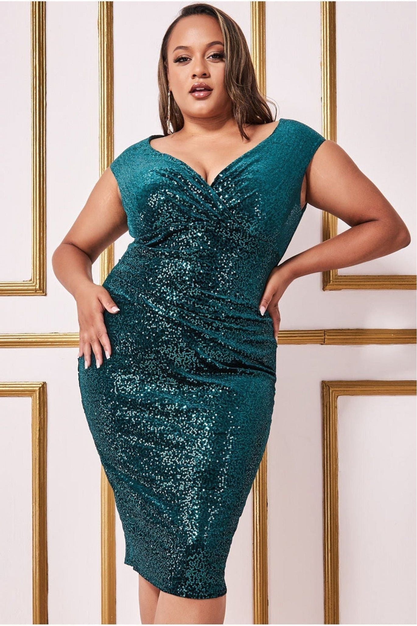 Sequin & Velvet Bardot Midi - Emerald Green DR3720P