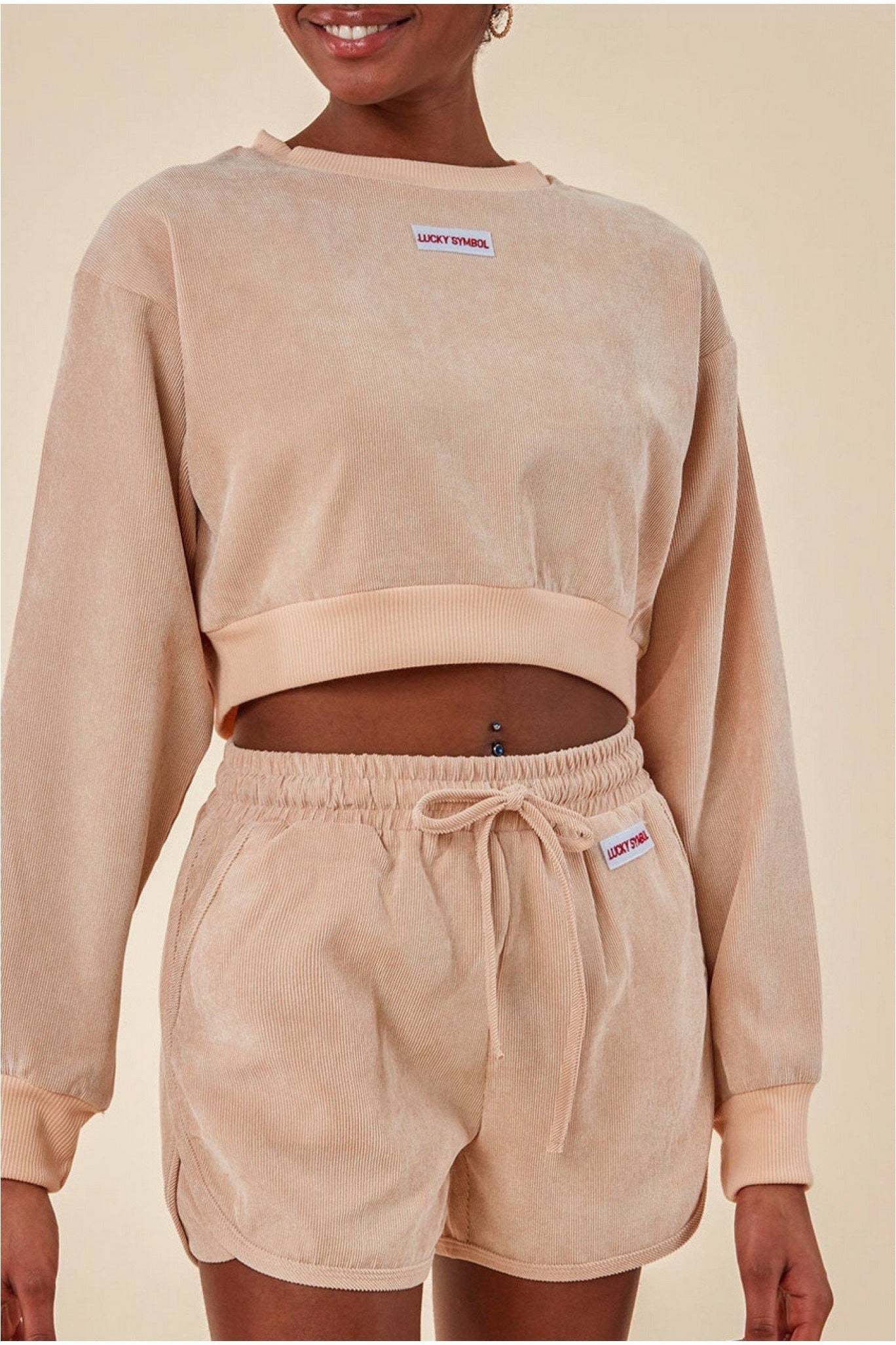 Oversized Cropped Jumper & Short Set - Beige TS15