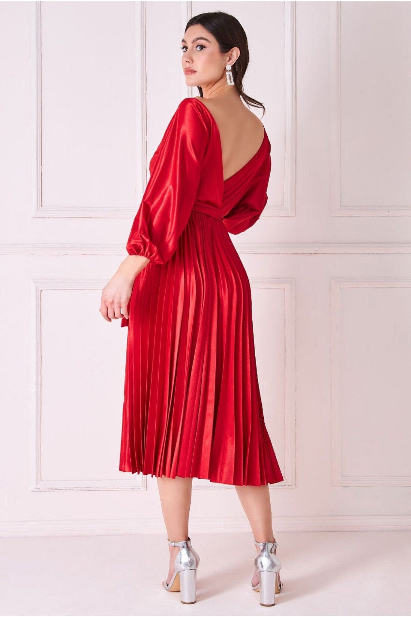 Satin Pleated Skirt Wrap Midi Dress - Red DR3921
