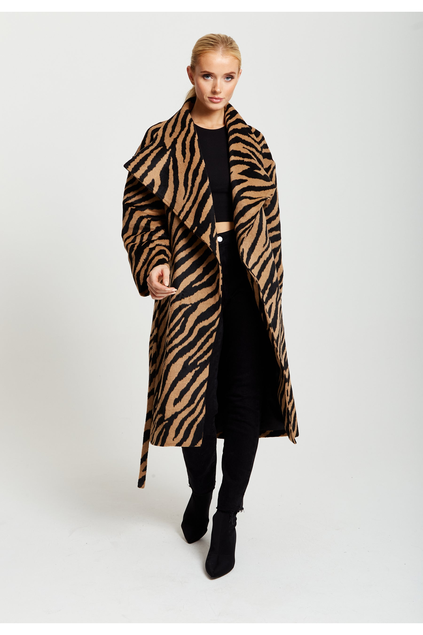 Zebra Print Longline Coat In Brown And Black F3-170-LIQ22AW047-B