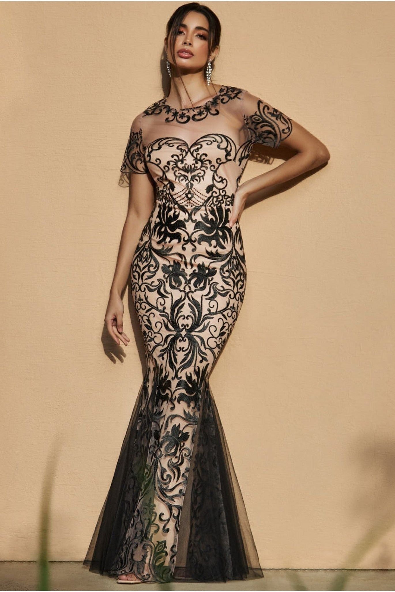 Mesh & Lace Maxi With Scalloped Hem - Black DR3253