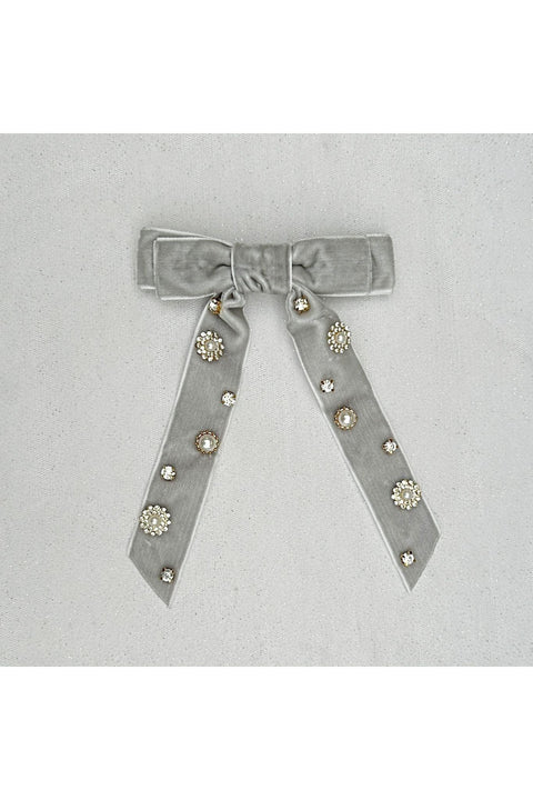 Velvet Bow Hair Clip In Grey With Jewels by QueenMee Accessories