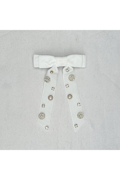 Velvet Bow Hair Clip In White With Jewels by QueenMee Accessories