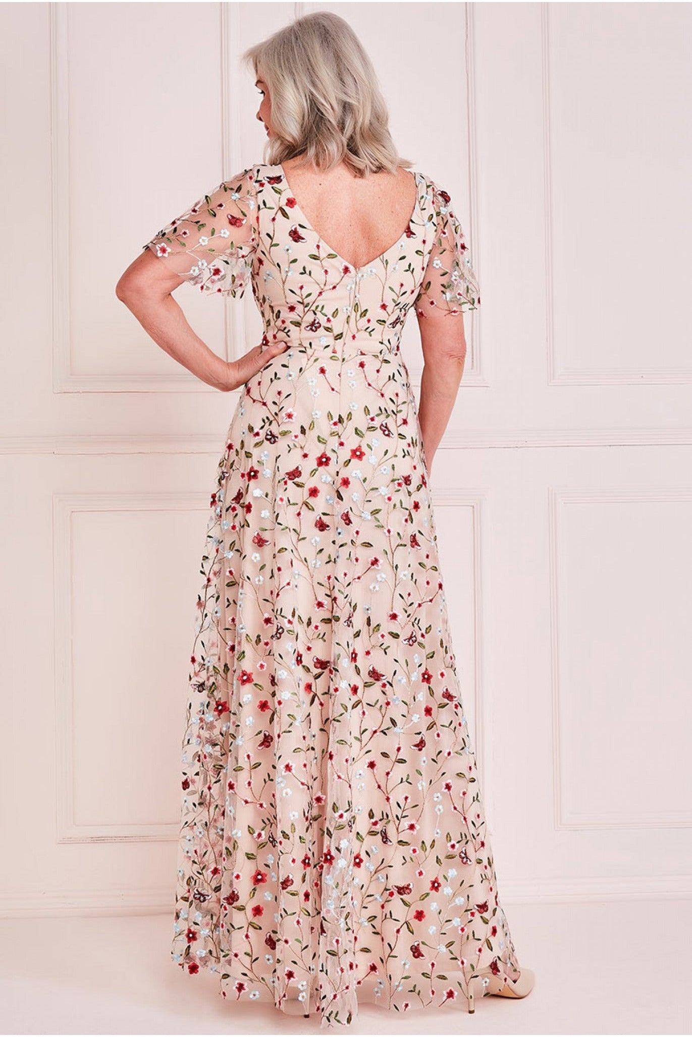 Short Sleeve Embroidered Floral Maxi - Nude DR3798M