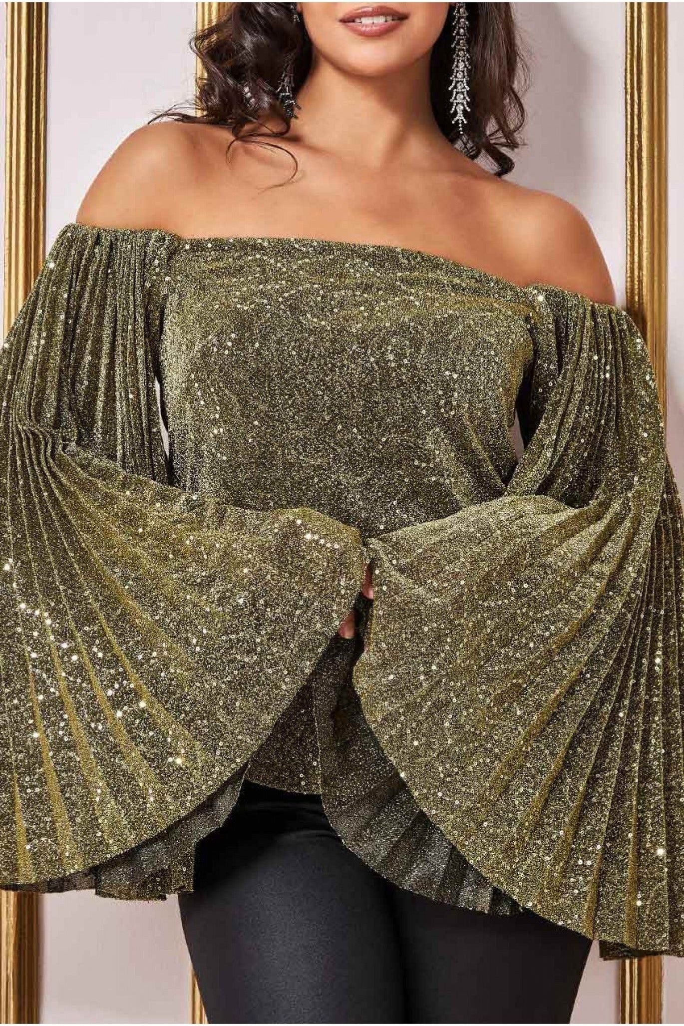 Sequin Lurex Bardot Pleated Sleeve Top - Gold T205