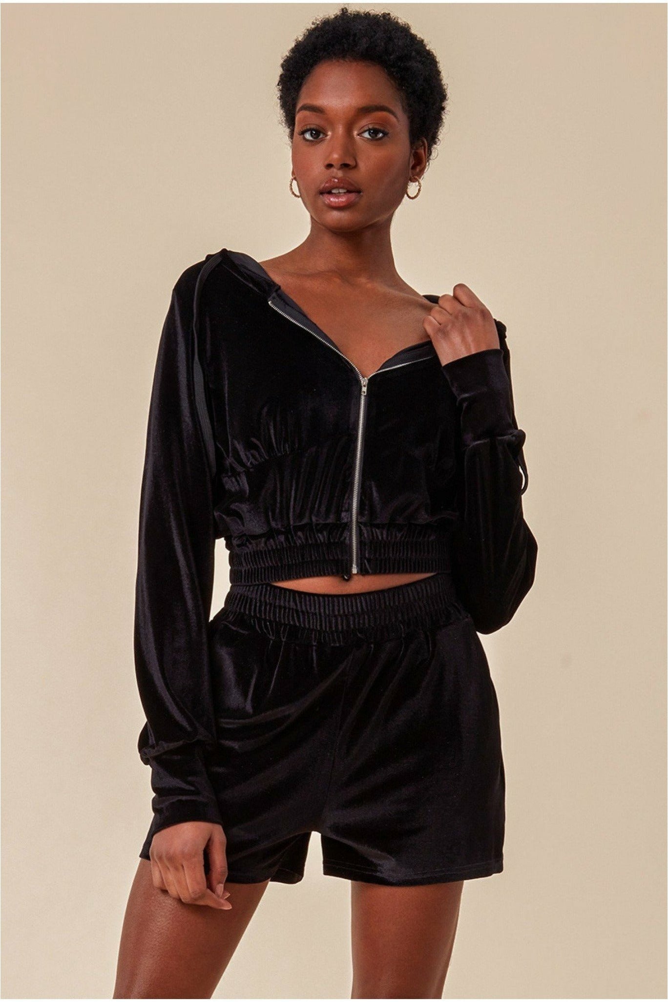 Velour Hoodie & Short Set - Black TS22
