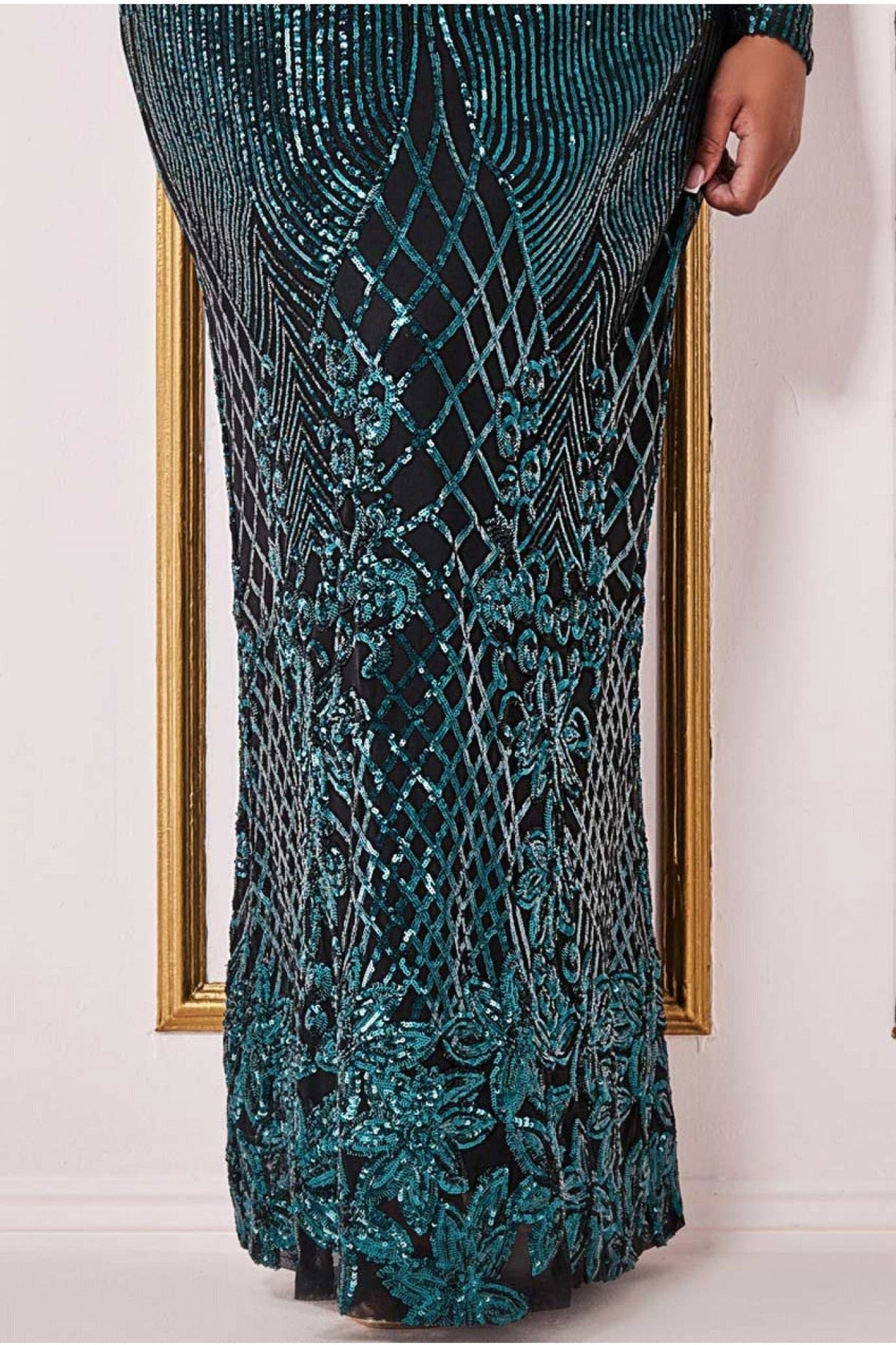 Long Sleeve Sequin V Wrap Maxi - Emerald DR3485P