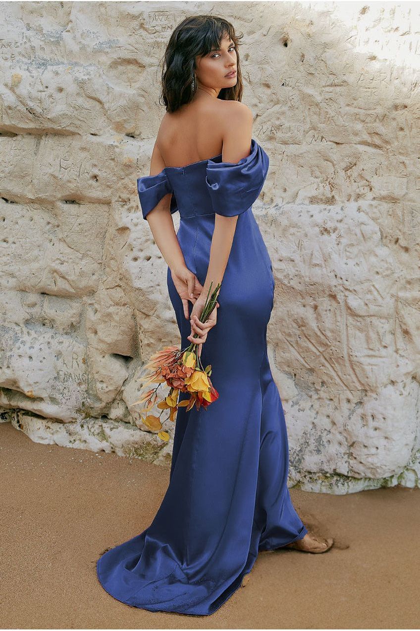 Off Shoulder Satin Maxi With V Neck - Navy DR3923