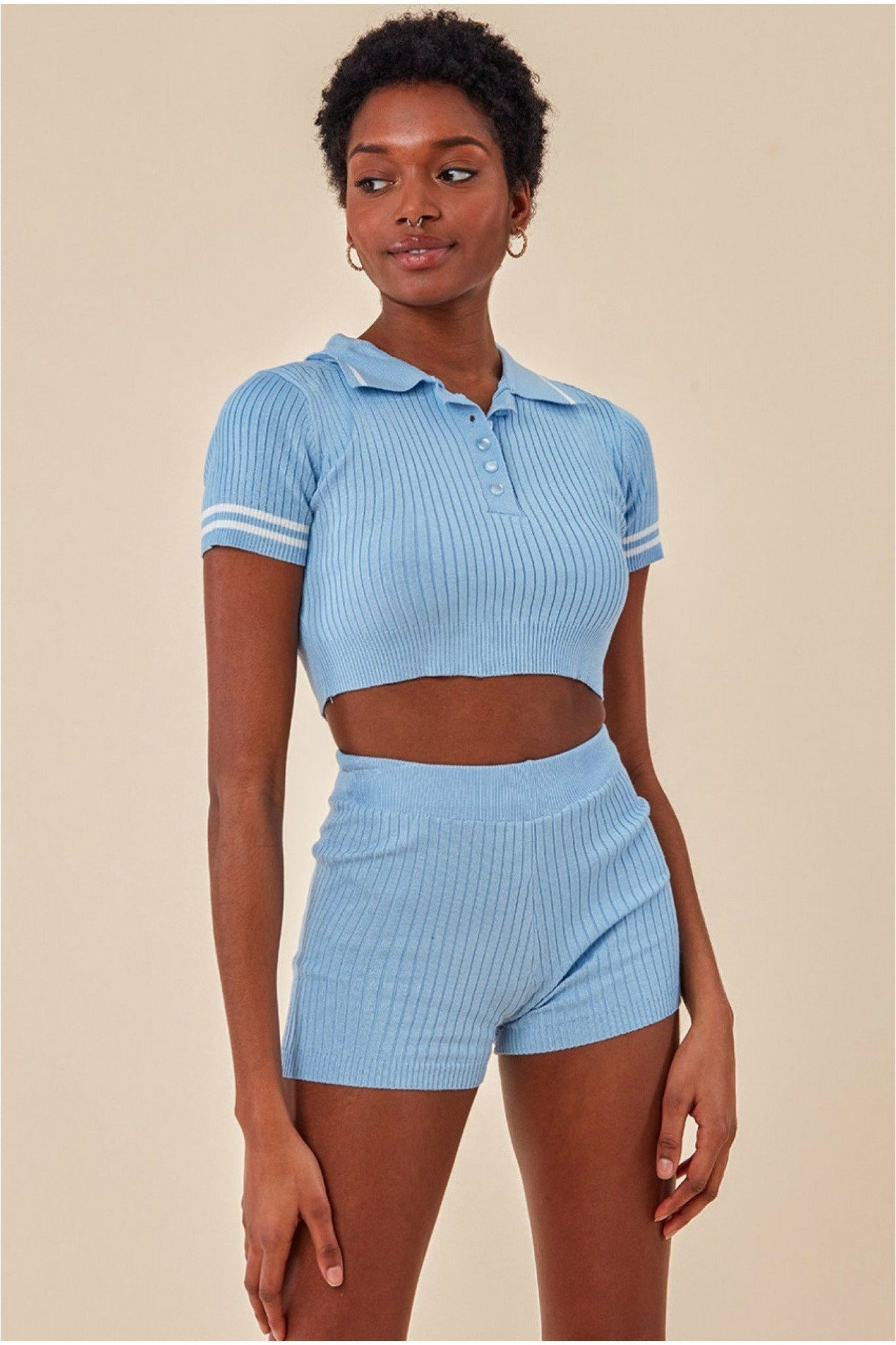 Crop Top & Short Loungewear Set - Blue TS19