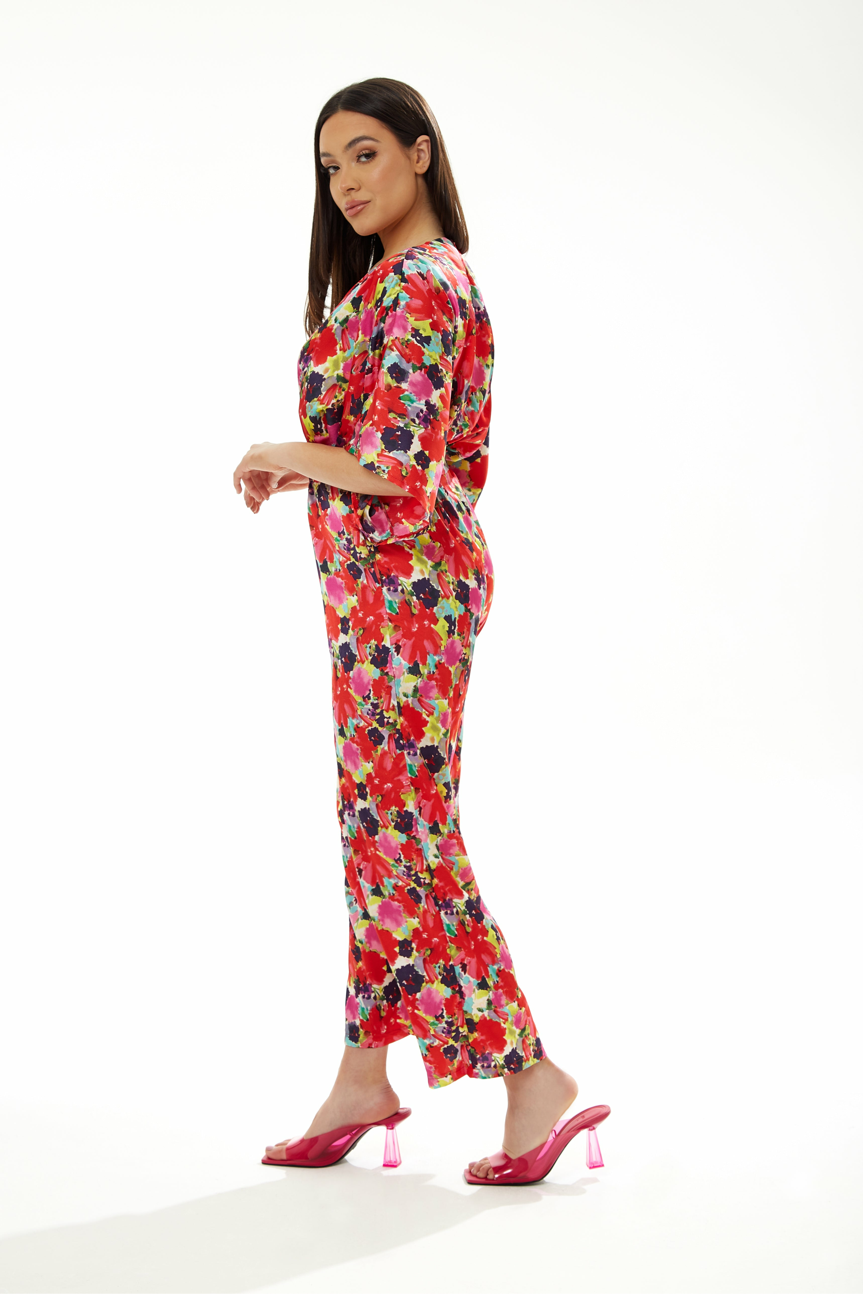Red Floral Jumpsuit With Short Sleeves D12-WEN60021