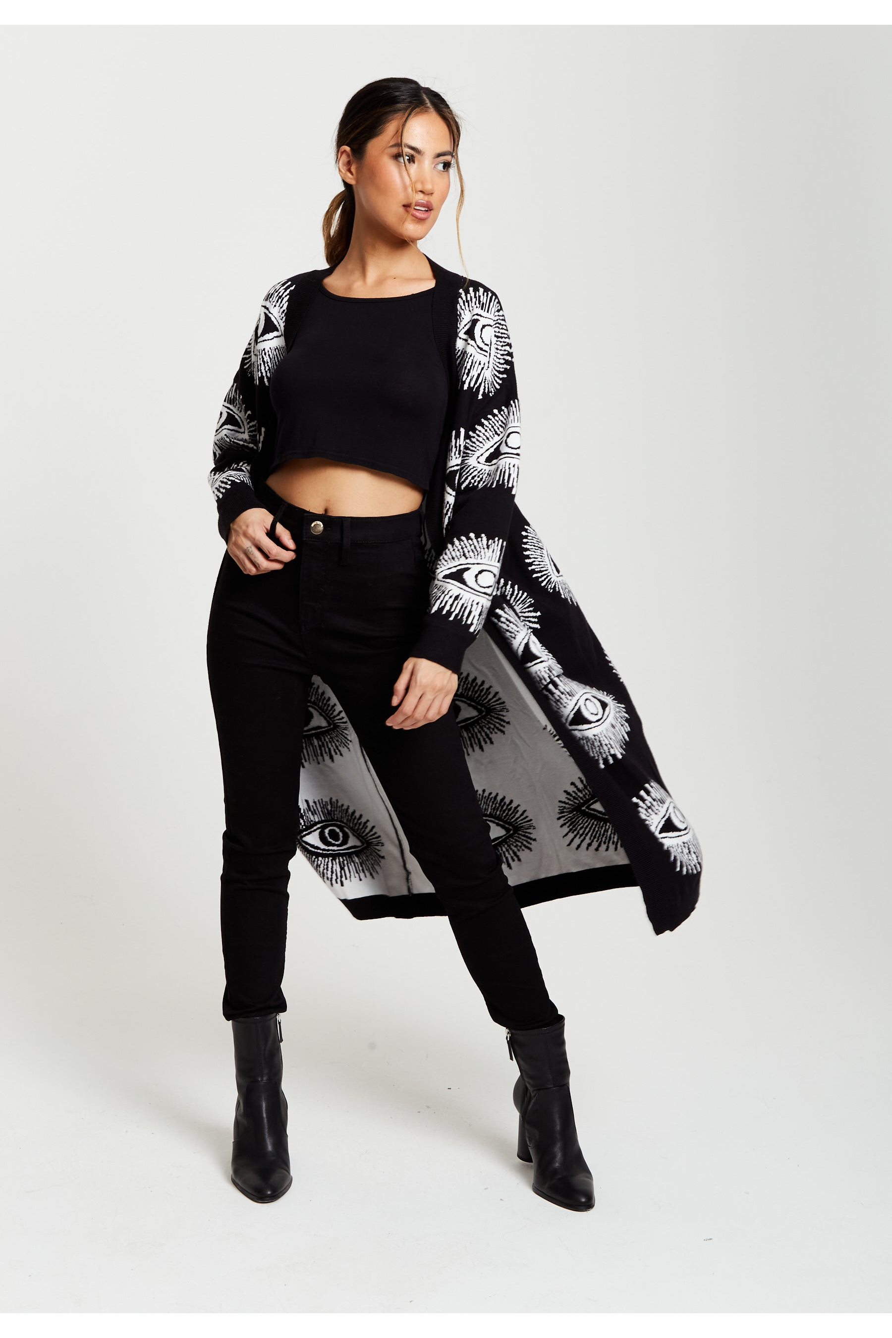 Eye Pattern Longline Cardigan In Black 126-LIQ23KN001