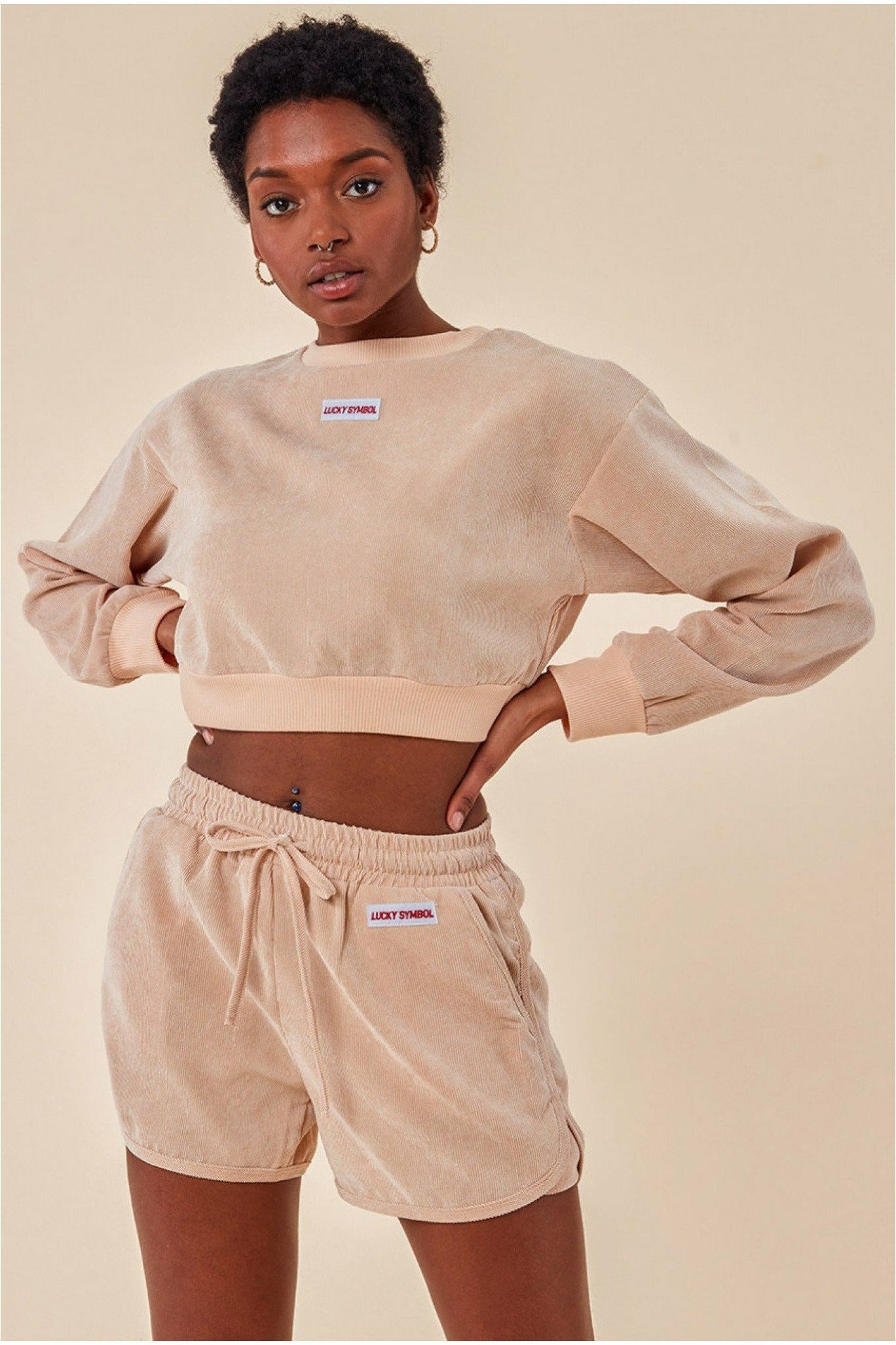 Oversized Cropped Jumper & Short Set - Beige TS15