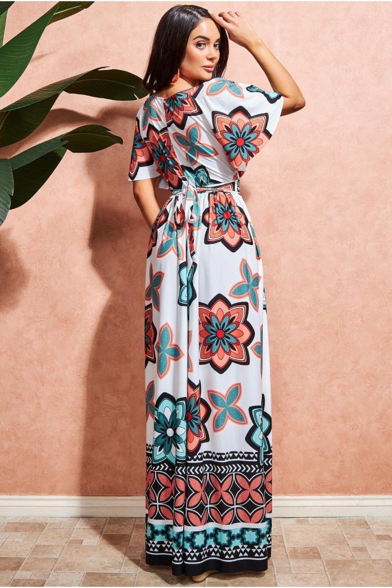 Printed Flutter Sleeve Maxi Dress - Cream DR3608