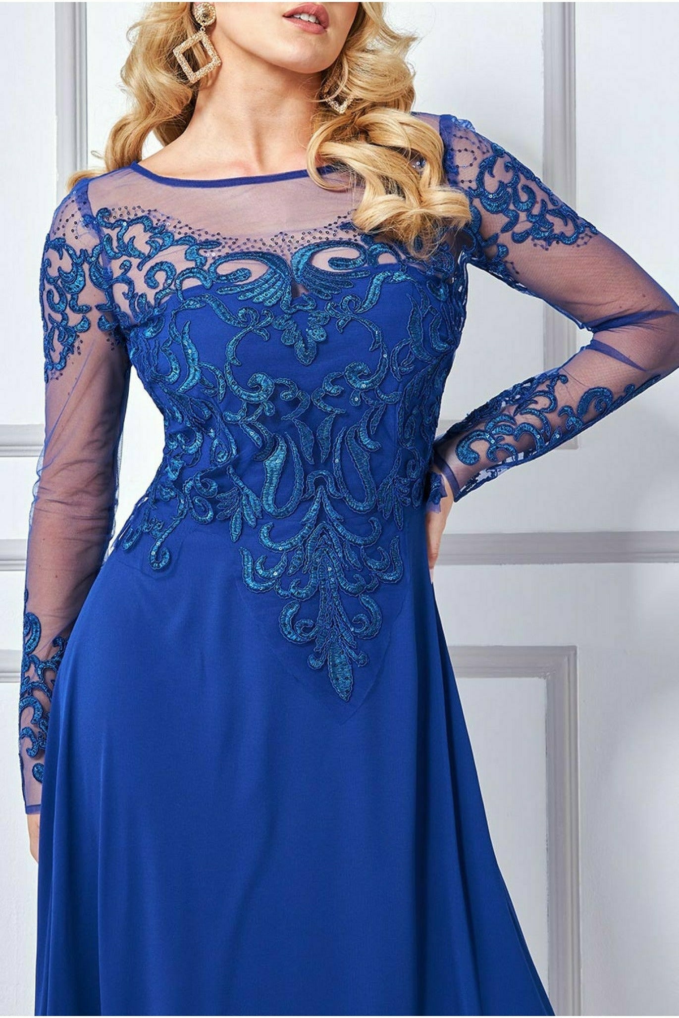 Mesh & Lace Embroidered Bodice Maxi - Royal Blue DR3260