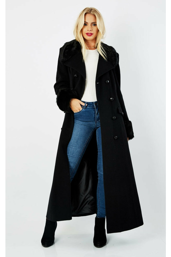 Wool Blend Faux Fur Trim Maxi Coat 2004-FUR