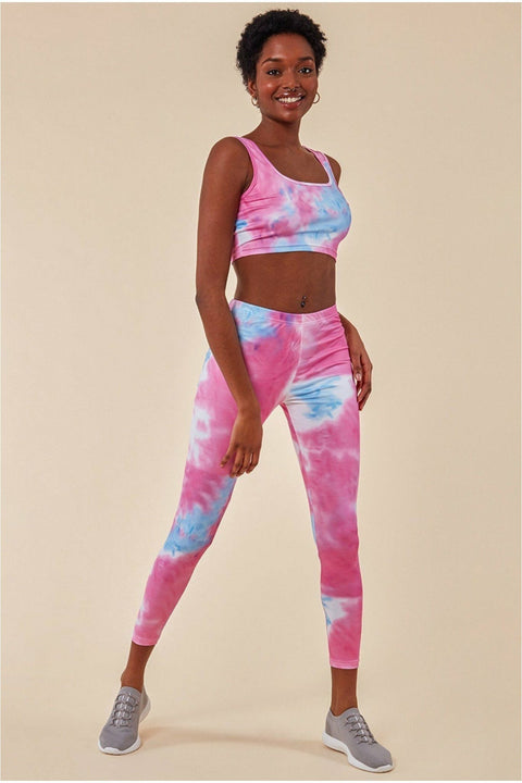 Tie-dye Crop Top With Leggings Set - Pinkblue by Cosmochic