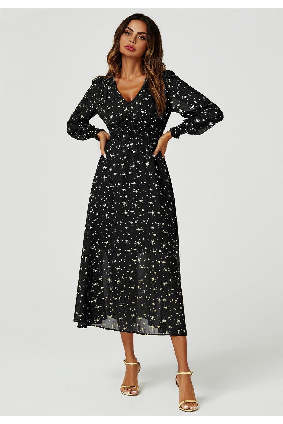 Gold Star Foil Long Sleeve Maxi Dress In Black FS629-BlackStar
