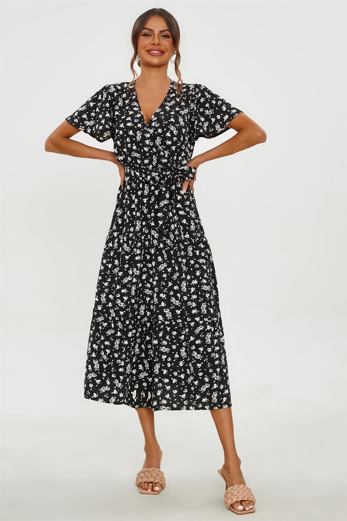 White Floral Print Hem Tiered Wrap Midi Dress In Black FS231-BlackF