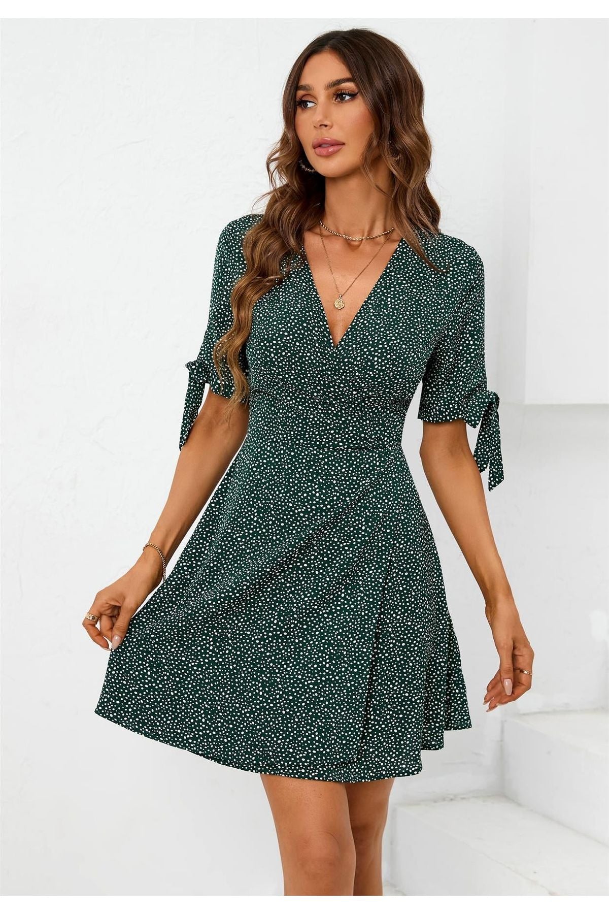 Dot Print Wrap Top Mini Dress In Green FS521-Green