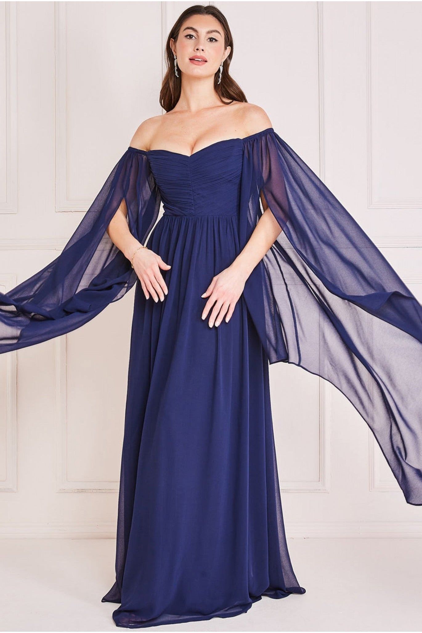 Chiffon Off The Shoulder Maxi With Cape Sleeves - Navy DR3780