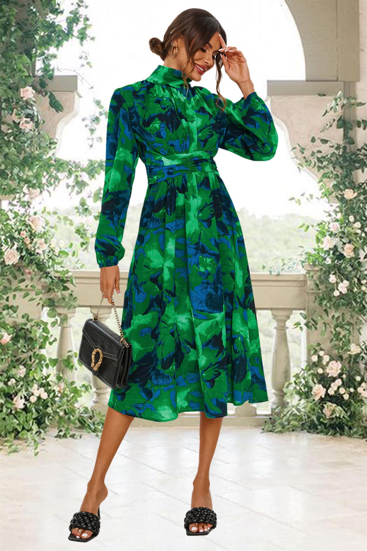 Abstract Floral Print Long Sleeve Midi Dress In Green FS669