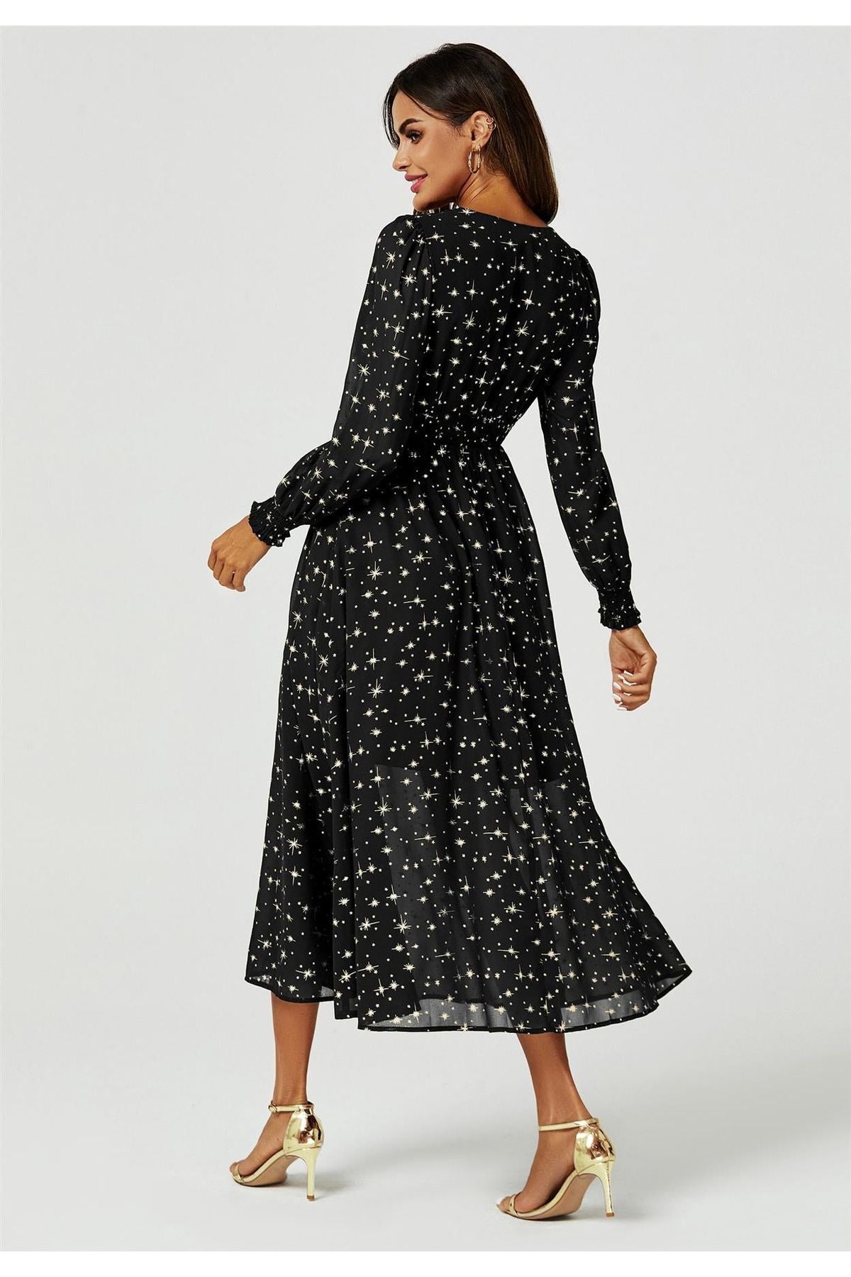 Gold Star Foil Long Sleeve Maxi Dress In Black FS629-BlackStar