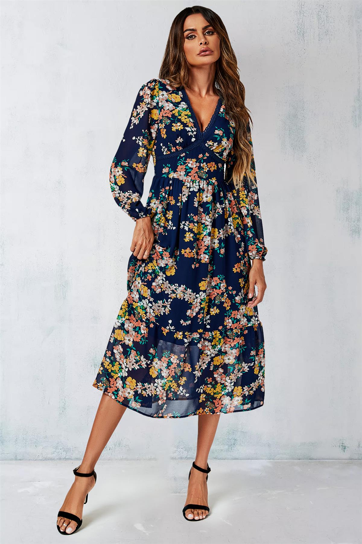 Midi Dress Printed Long Sleeve Dress Navy Floral Long Sleeve Wrap