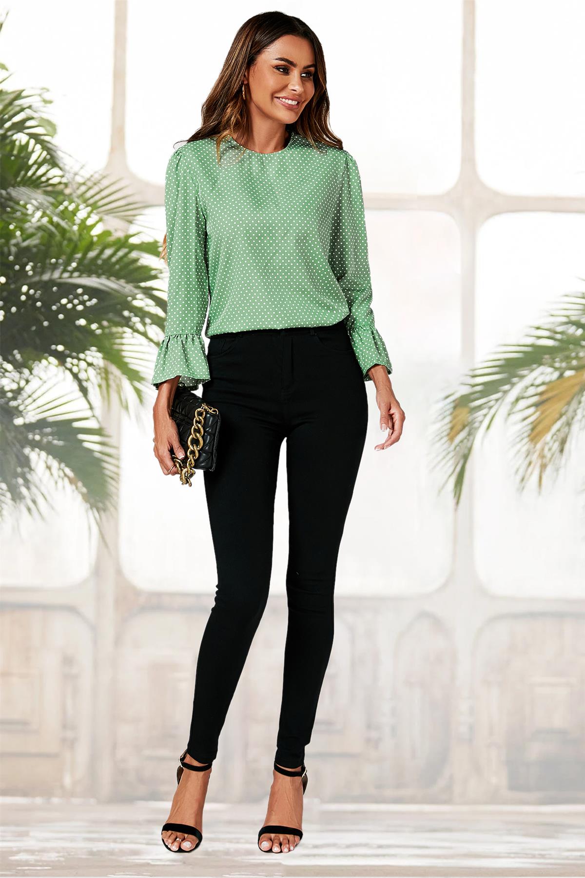 Polka Dot Print Frill Detail Cuff Top In Green FS116-GD