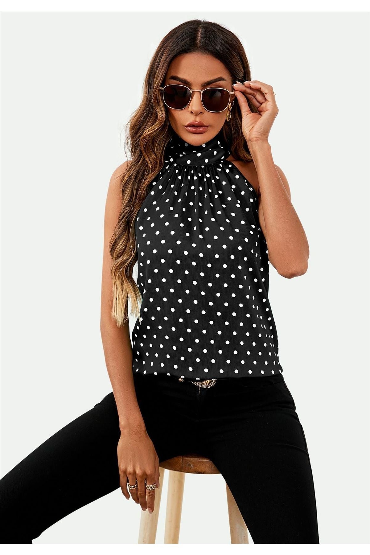 Polka Dot Print Halter Neck Tie Back Top In Black FS557-BD