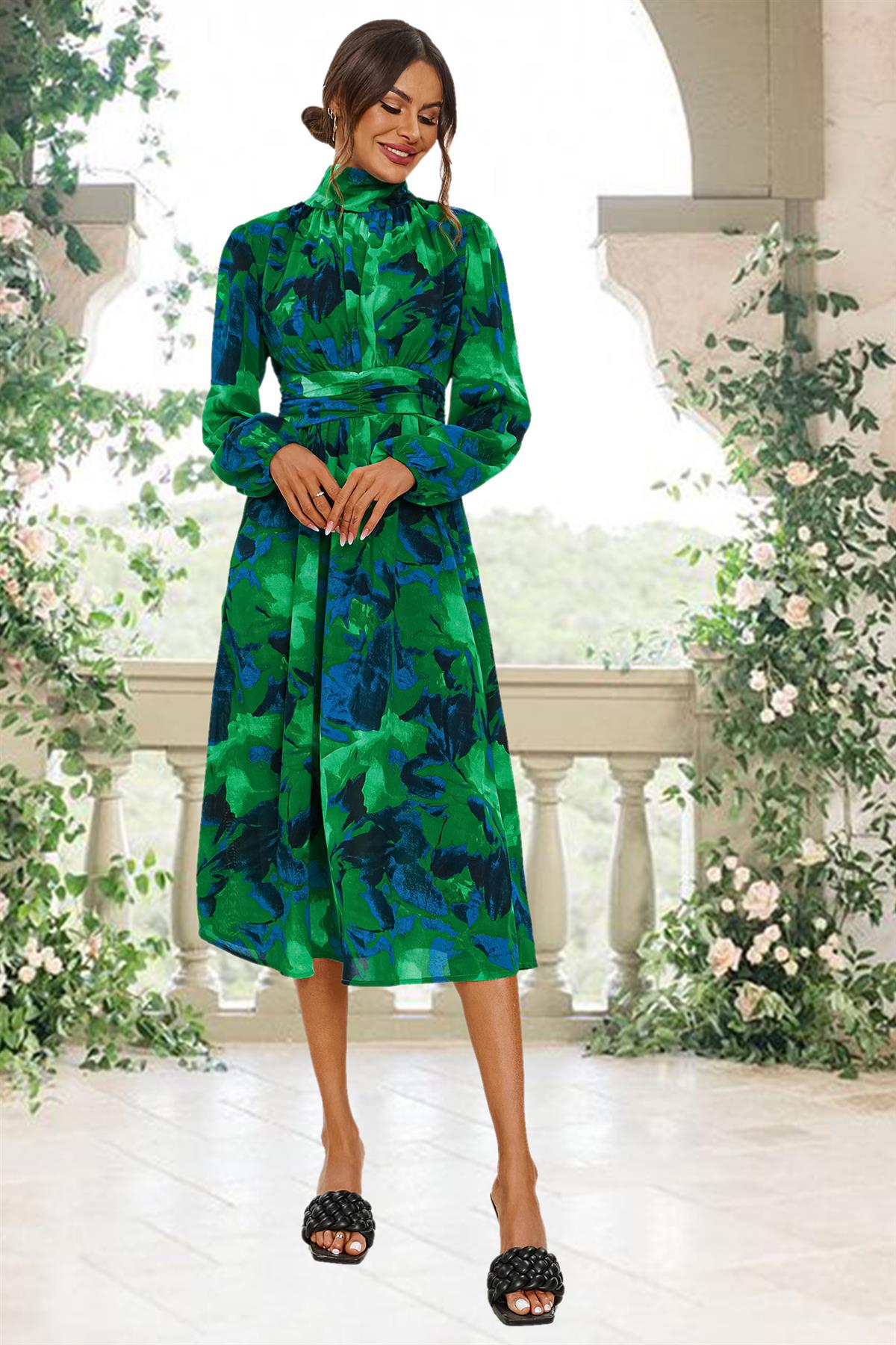 Abstract Floral Print Long Sleeve Midi Dress In Green FS669