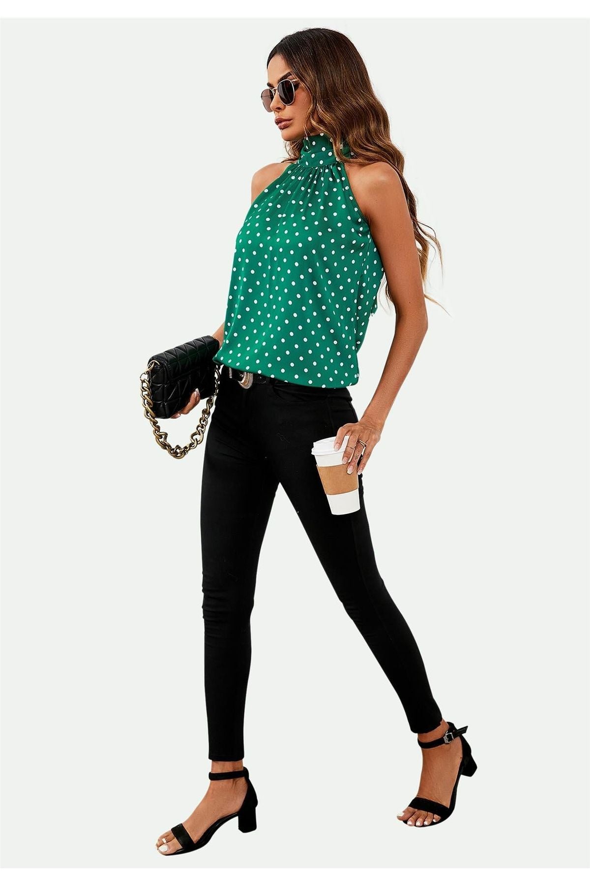 Polka Dot Print Halter Neck Tie Back Top In Green FS557-GD