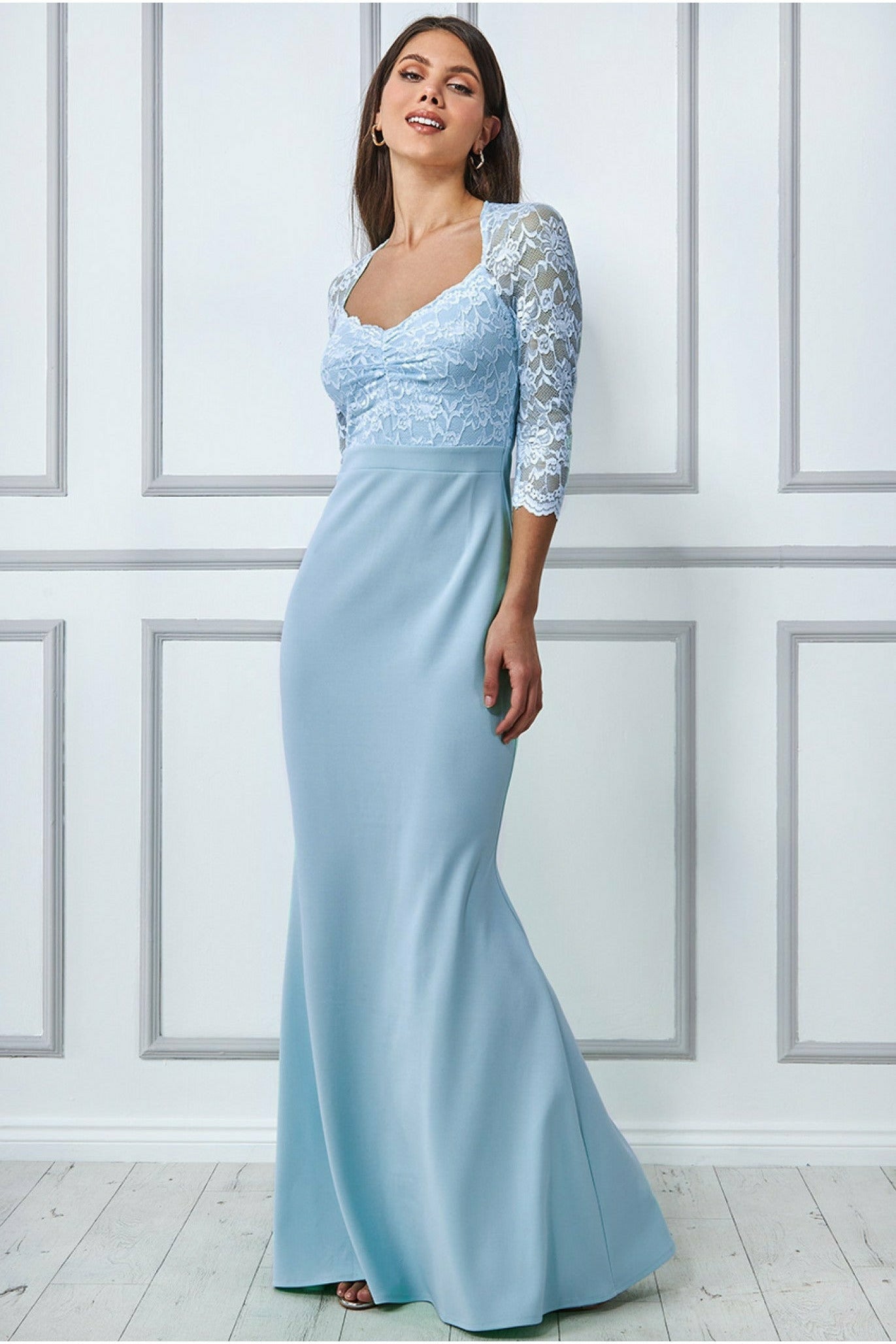 Lace Bodice Maxi Dress With Sleeves - Powder Blue