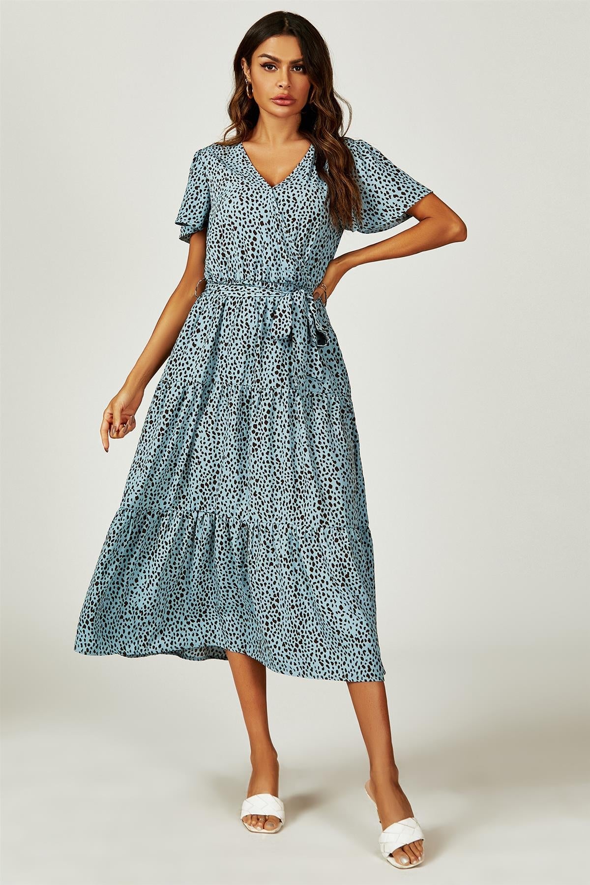 Leopard Print Hem Tiered Wrap Midi Dress In Blue FS231-BlueL