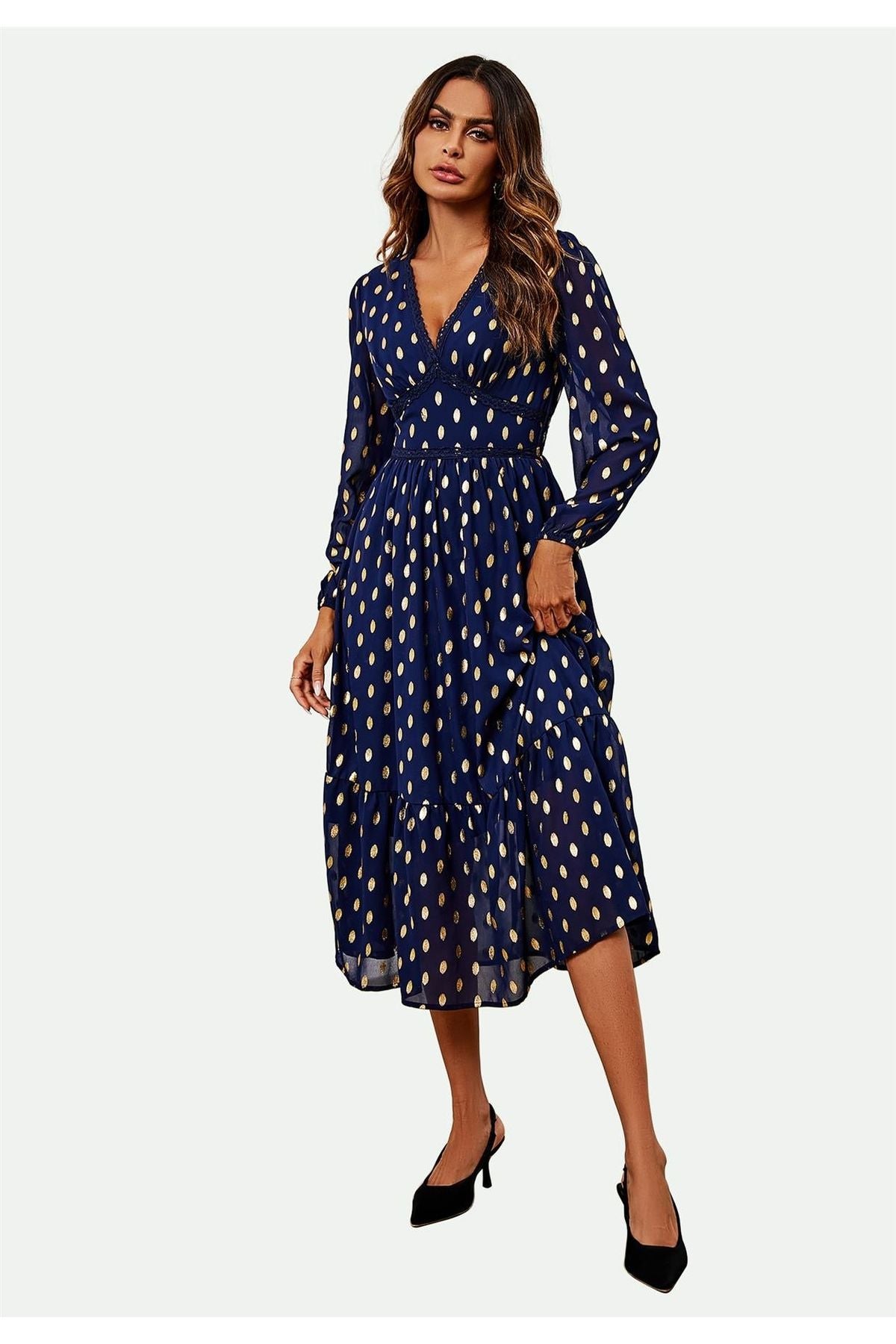 Lace Trim Foil Long Sleeve Maxi Dress In Navy FS565-NG