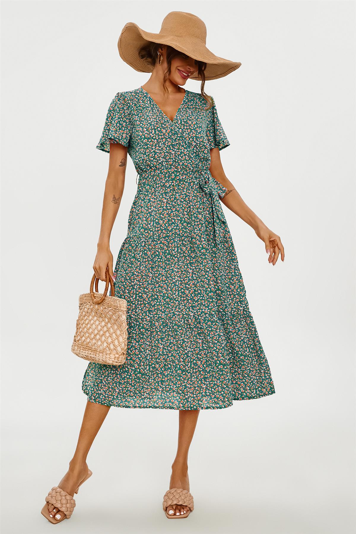 Orange Floral Print Hem Tiered Wrap Midi Dress In Green FS231-GO