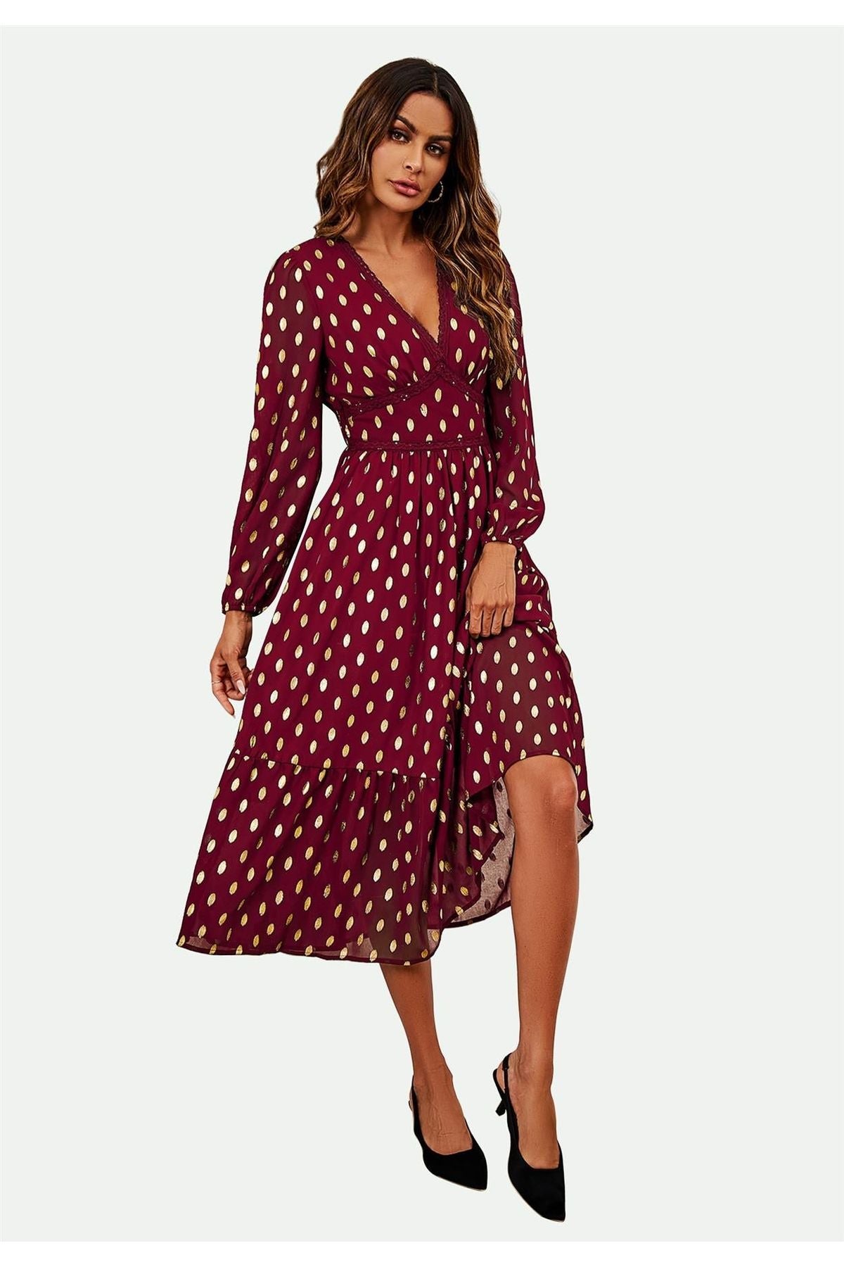 Lace Trim Foil Long Sleeve Maxi Dress In Wine FS565-WG