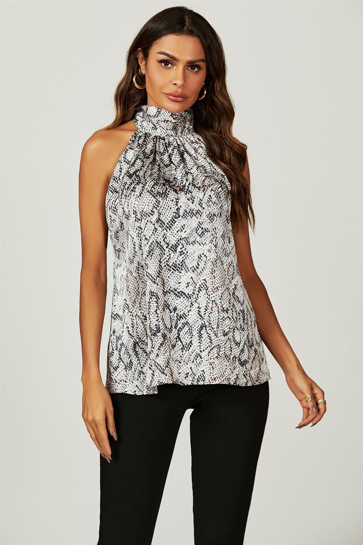 Satin Snake Print Halter Neck Tie Back Top In Silver Grey FS557-SG