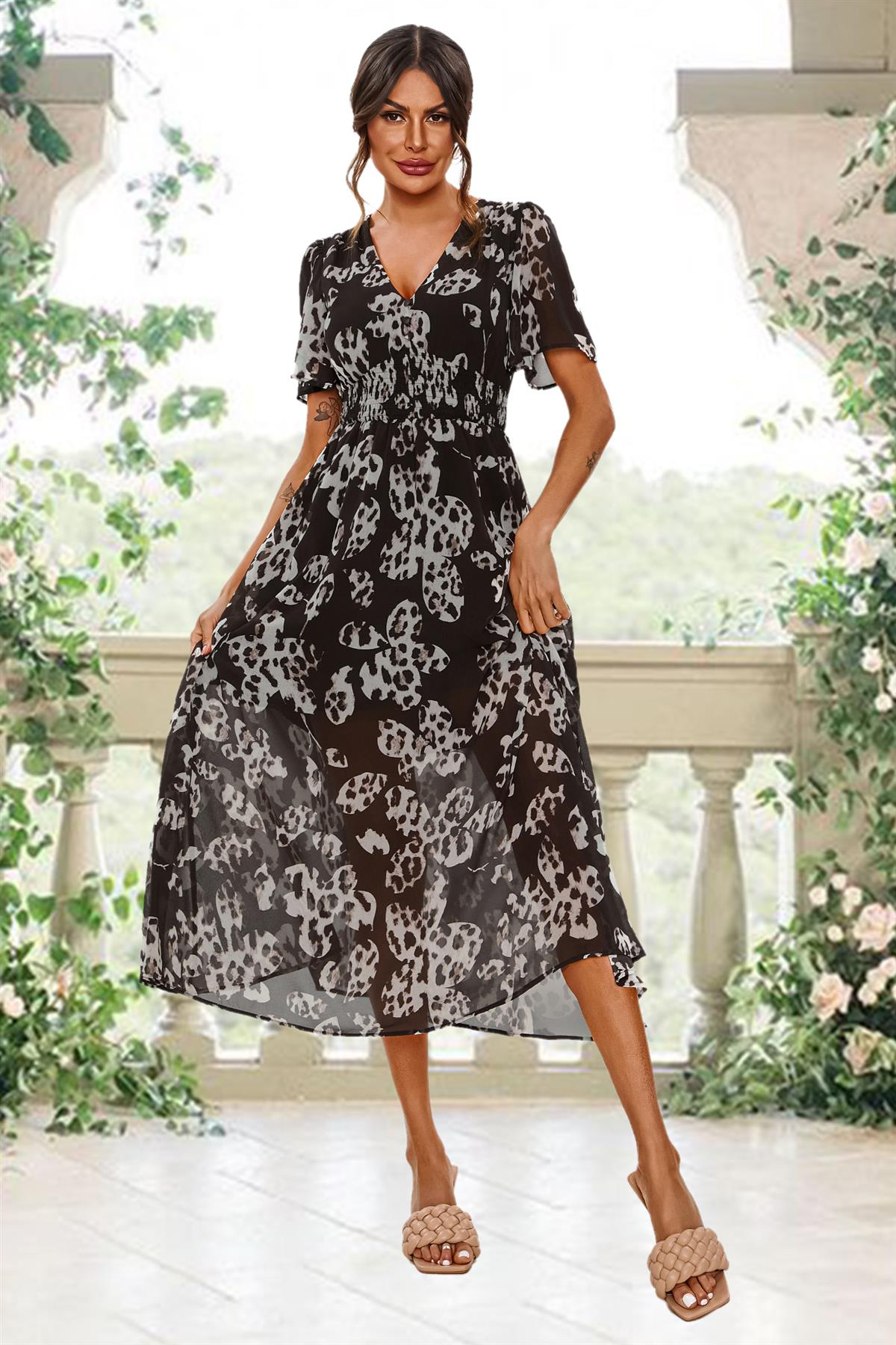Leopard Floral Print Angel Sleeve Maxi Dress In Black FS641-BlackLF