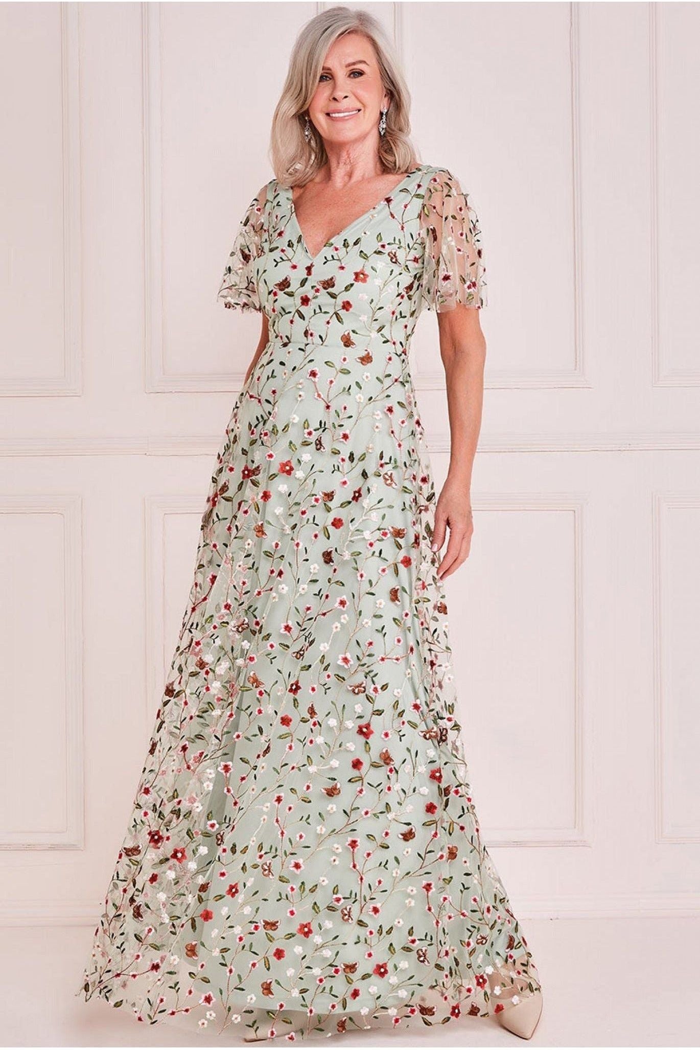 Short Sleeve Embroidered Floral Maxi Sagegreen1