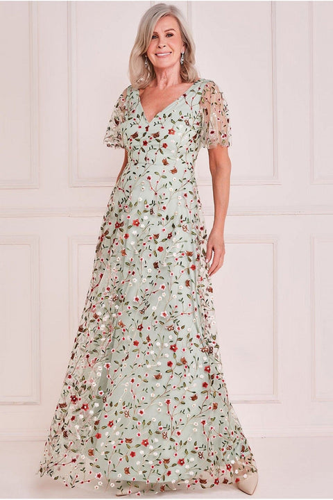 Short Sleeve Embroidered Floral Maxi - Sage Green by Goddiva