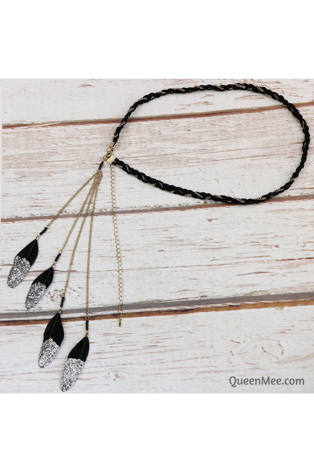 Boho Headband With Feathers And Glitter In Black 5060801172578