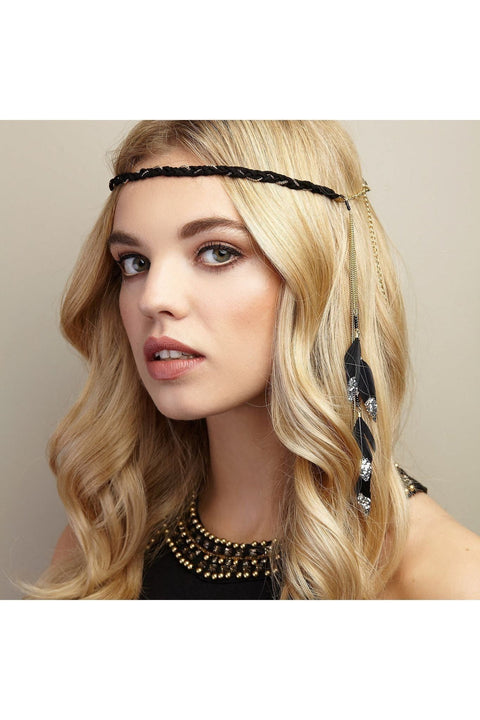 Boho Headband With Feathers And Glitter In Black by QueenMee Accessories